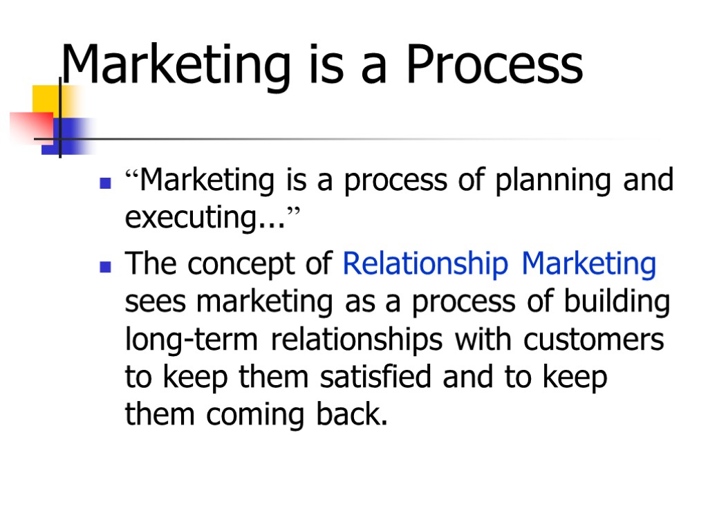 Marketing is a Process “Marketing is a process of planning and executing...” The concept